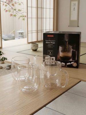 Bộ 4 cốc thủy tinh 2 lớp cách nhiệt Momiji 350ml (có tay cầm)